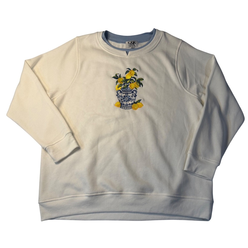 C&K Designs Sweatshirt White Blue Lemon Vase Embroidery Pullover XL Womens